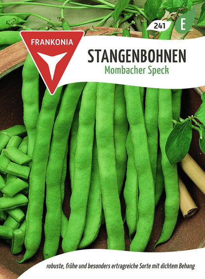 Vorderseite der Verpackung des Saatgutes Stangenbohne, Mombacher Speck der Firma Frankonia Samen von ihrgartenberater.de