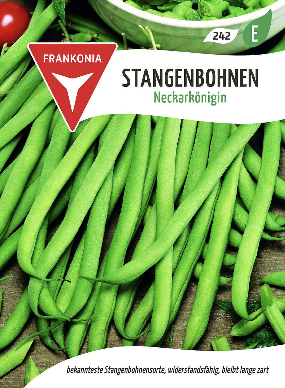 Vorderseite der Verpackung des Saatgutes Stangenbohne, Neckarkönigin der Firma Frankonia Samen von ihrgartenberater.de
