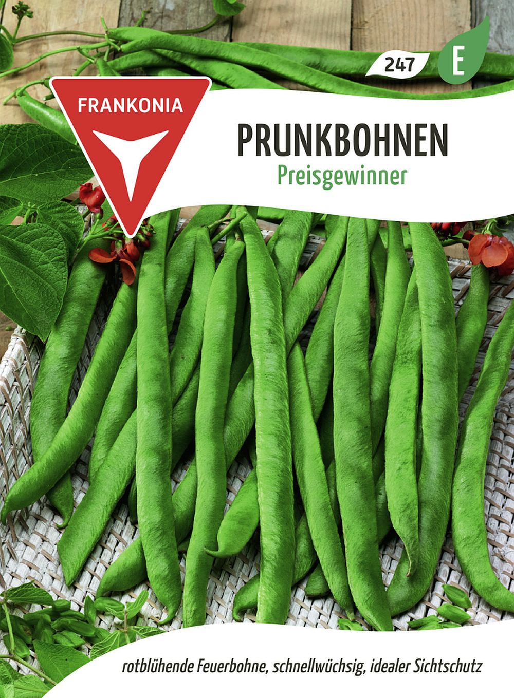 Vorderseite der Verpackung des Saatgutes Prunk- und Feuerbohne, Preisgewinner der Firma Frankonia Samen von ihrgartenberater.de
