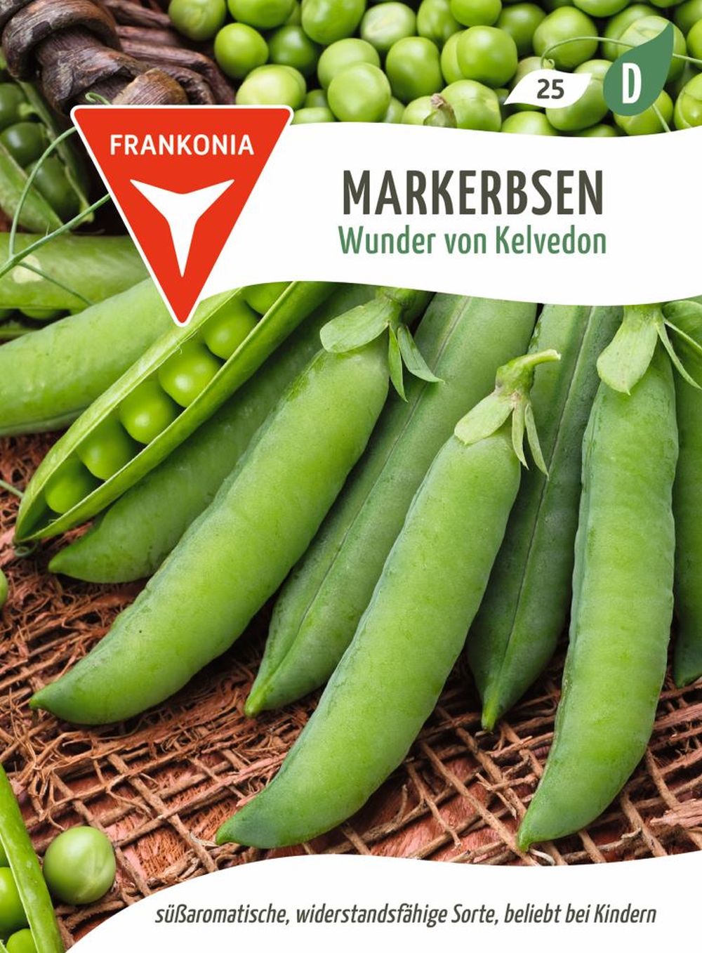 Vorderseite der Verpackung des Saatgutes Markerbse, Wunder von Kelvedon der Firma Frankonia Samen von ihrgartenberater.de