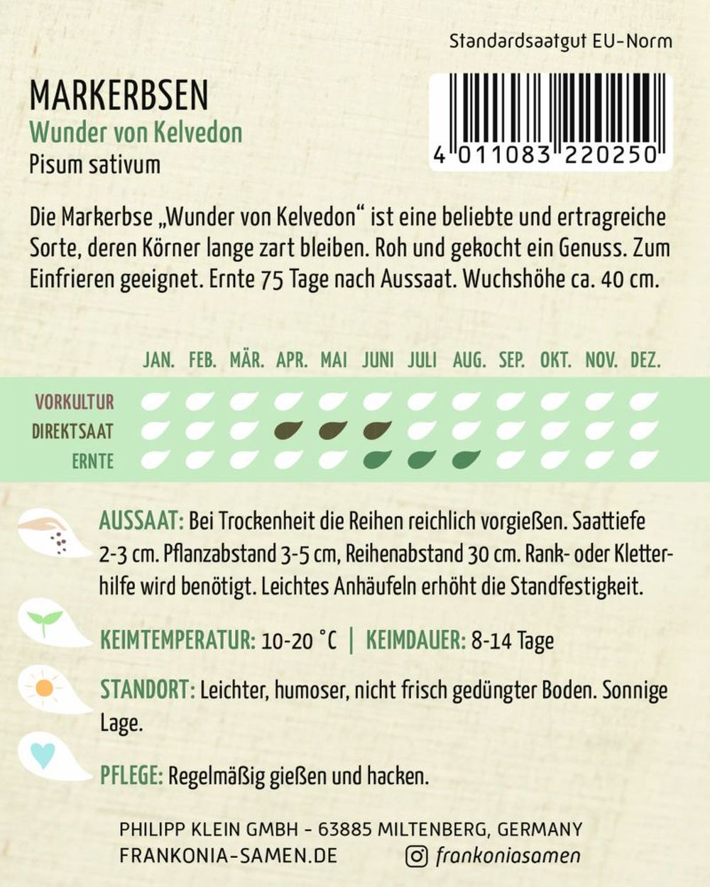 Rückseite der Verpackung des Saatgutes Markerbse, Wunder von Kelvedon der Firma Frankonia Samen von ihrgartenberater.de