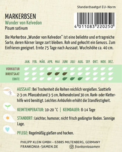 Rückseite der Verpackung des Saatgutes Markerbse, Wunder von Kelvedon der Firma Frankonia Samen von ihrgartenberater.de