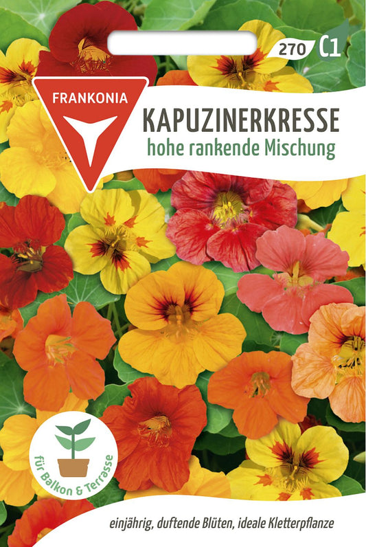 Vorderseite der Verpackung des Saatgutes Kapuzinerkresse, hohe rankende Mischung der Firma Frankonia Samen von ihrgartenberater.de