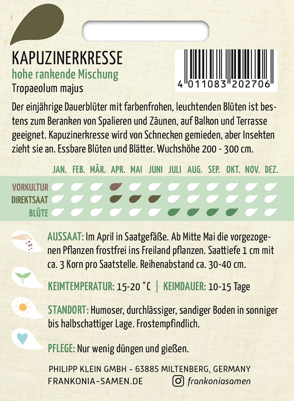 Rückseite der Verpackung des Saatgutes Kapuzinerkresse, hohe rankende Mischung der Firma Frankonia Samen von ihrgartenberater.de