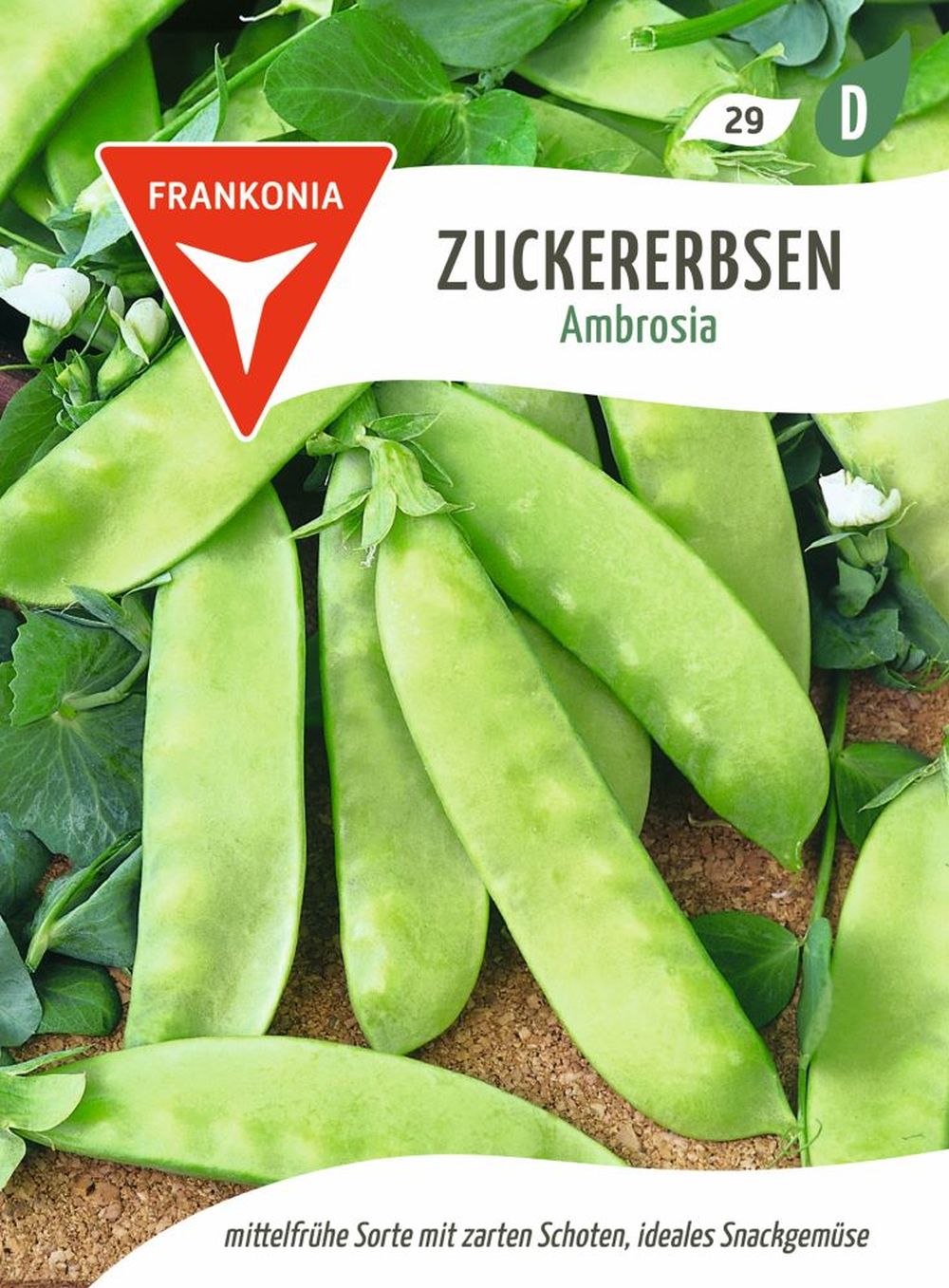 Vorderseite der Verpackung des Saatgutes Zuckererbse, Ambrosia der Firma Frankonia Samen von ihrgartenberater.de