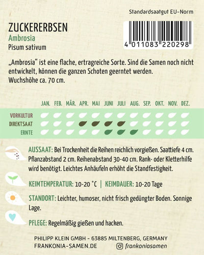 Rückseite der Verpackung des Saatgutes Zuckererbse, Ambrosia der Firma Frankonia Samen von ihrgartenberater.de