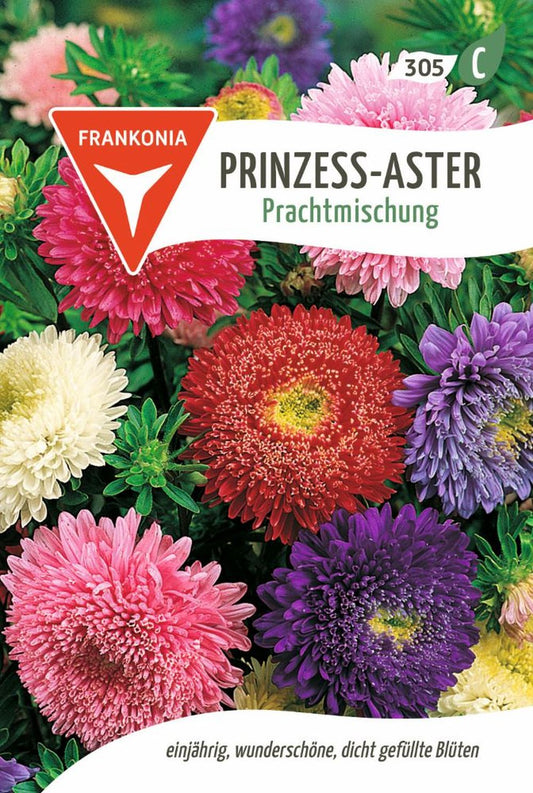 Vorderseite der Verpackung des Saatgutes Prinzess-Aster, Prachtmischung der Firma Frankonia Samen von ihrgartenberater.de