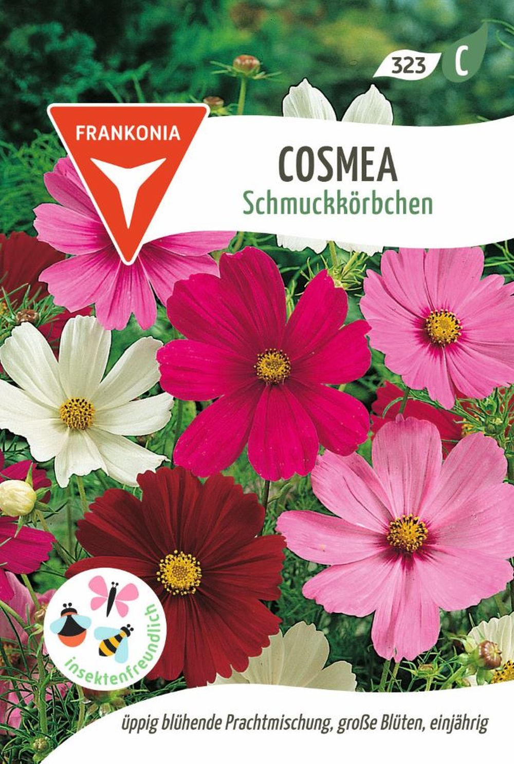 Vorderseite der Verpackung des Saatgutes Schmuckkörbchen, Cosmea der Firma Frankonia Samen von ihrgartenberater.de