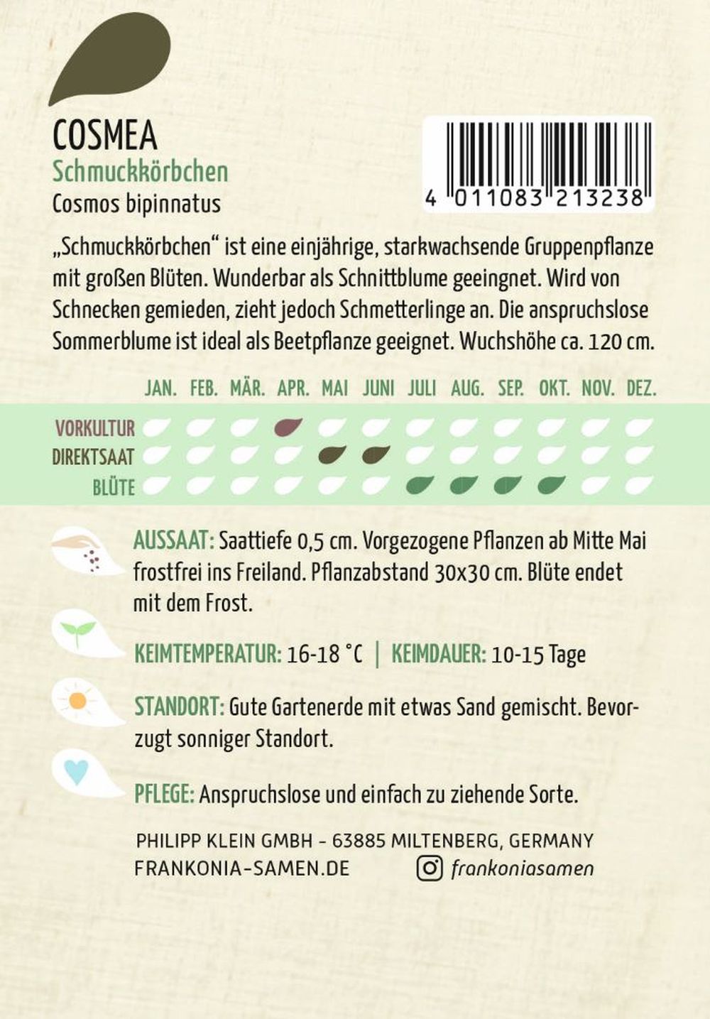 Rückseite der Verpackung des Saatgutes Schmuckkörbchen, Cosmea der Firma Frankonia Samen von ihrgartenberater.de