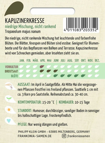 Rückseite der Verpackung des Saatgutes Kapuzinerkresse, niedriege nichtrankende Mischung der Firma Frankonia Samen von ihrgartenberater.de