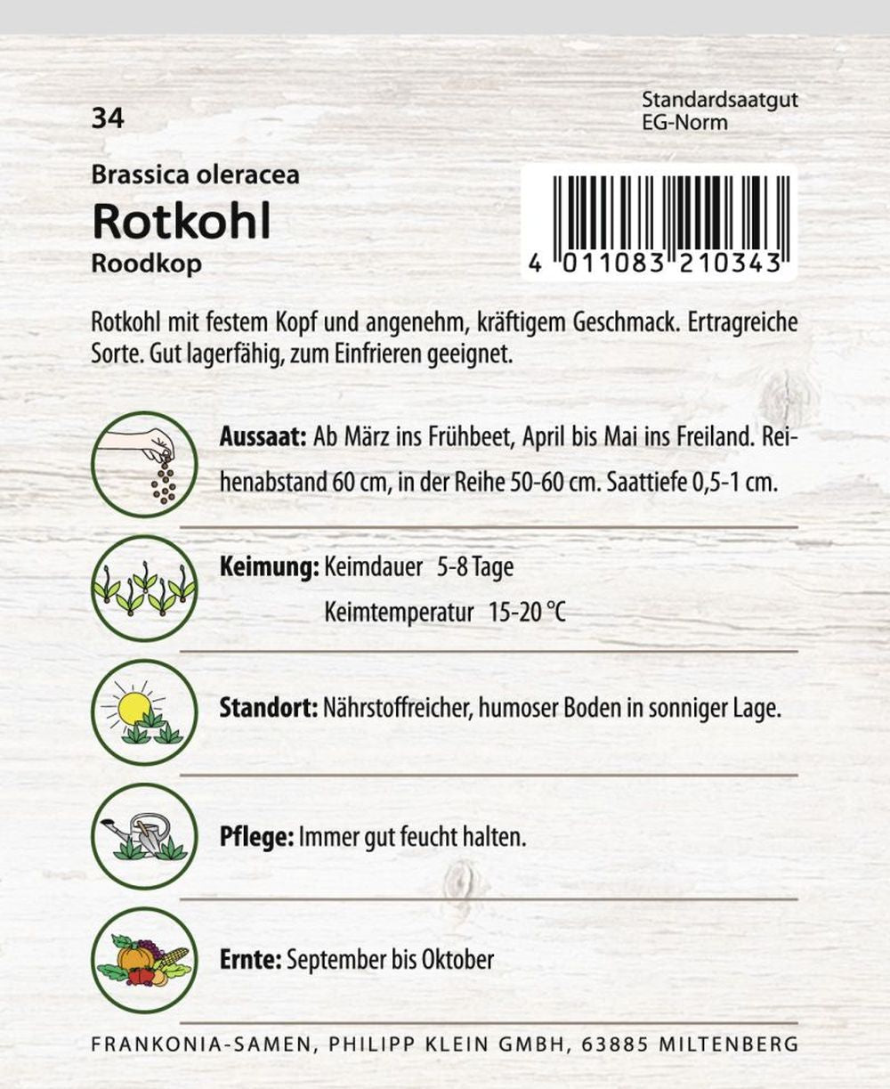 Rückseite der Verpackung des Saatgutes Rotkohl, Roodkop der Firma Frankonia Samen von ihrgartenberater.de