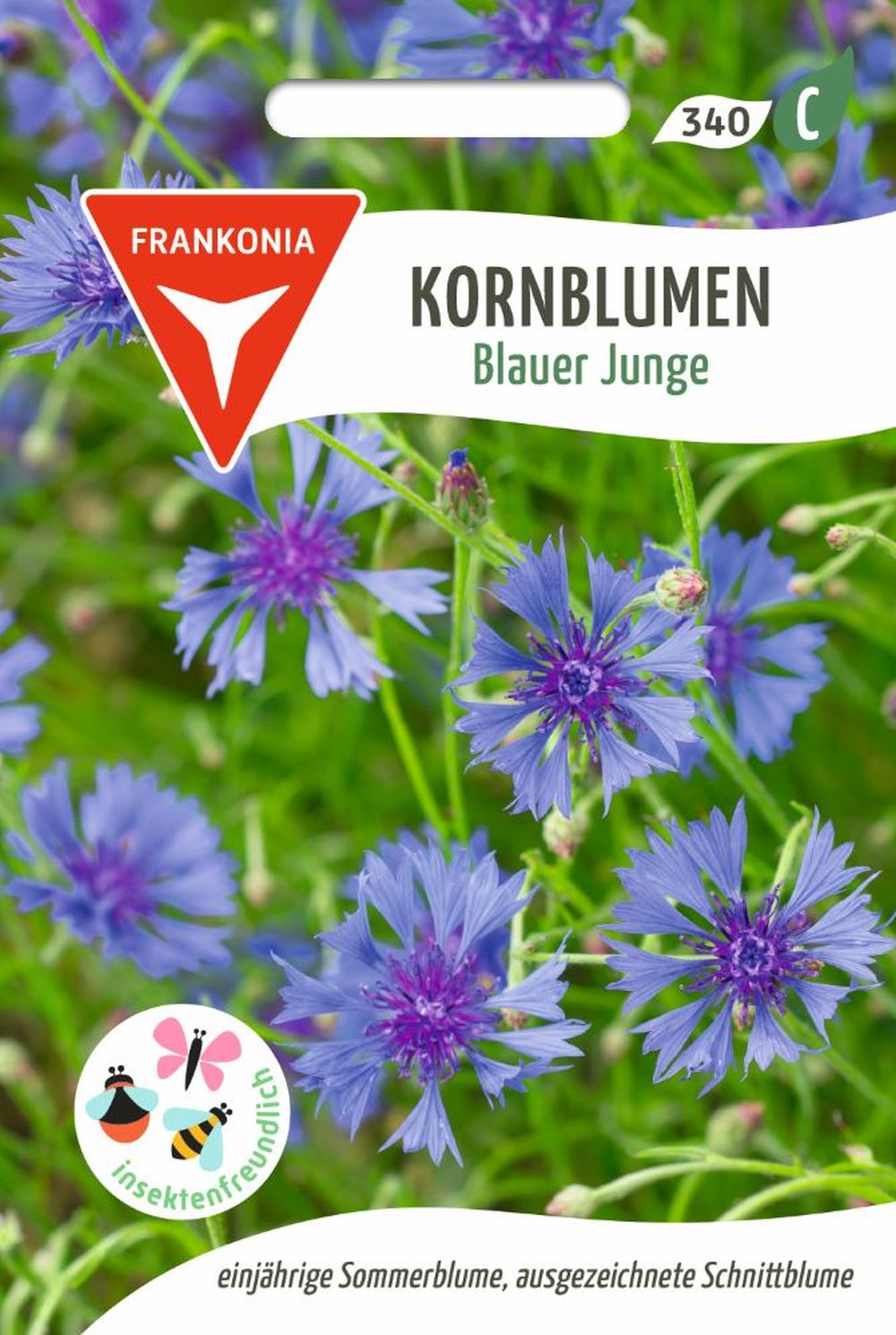 Vorderseite der Verpackung des Saatgutes Kornblume, Blauer Junge der Firma Frankonia Samen von ihrgartenberater.de