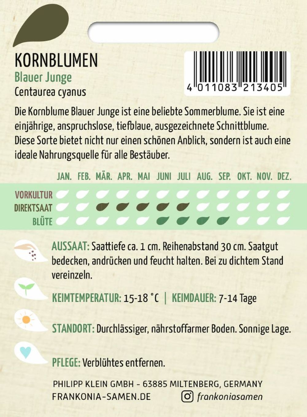 Rückseite der Verpackung des Saatgutes Kornblume, Blauer Junge der Firma Frankonia Samen von ihrgartenberater.de