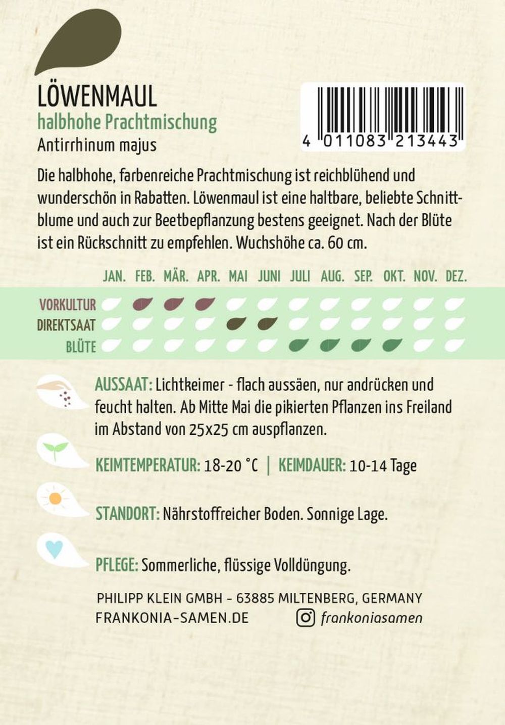 Rückseite der Verpackung des Saatgutes Löwenmaul, halbhohe Prachtmischung der Firma Frankonia Samen von ihrgartenberater.de