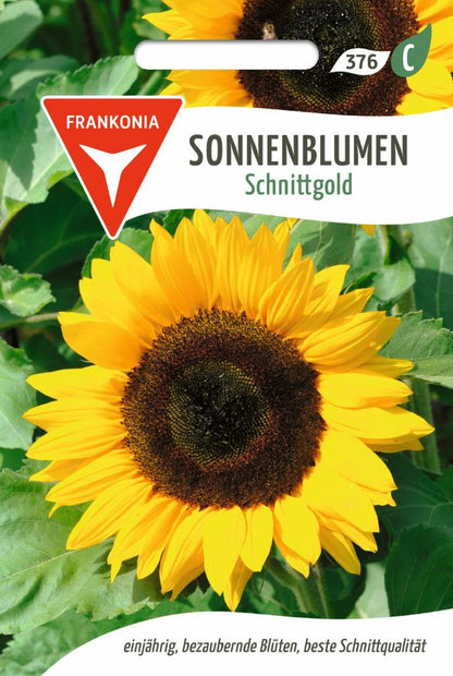 Vorderseite der Verpackung des Saatgutes Sonnenblume, Schnittgold der Firma Frankonia Samen von ihrgartenberater.de