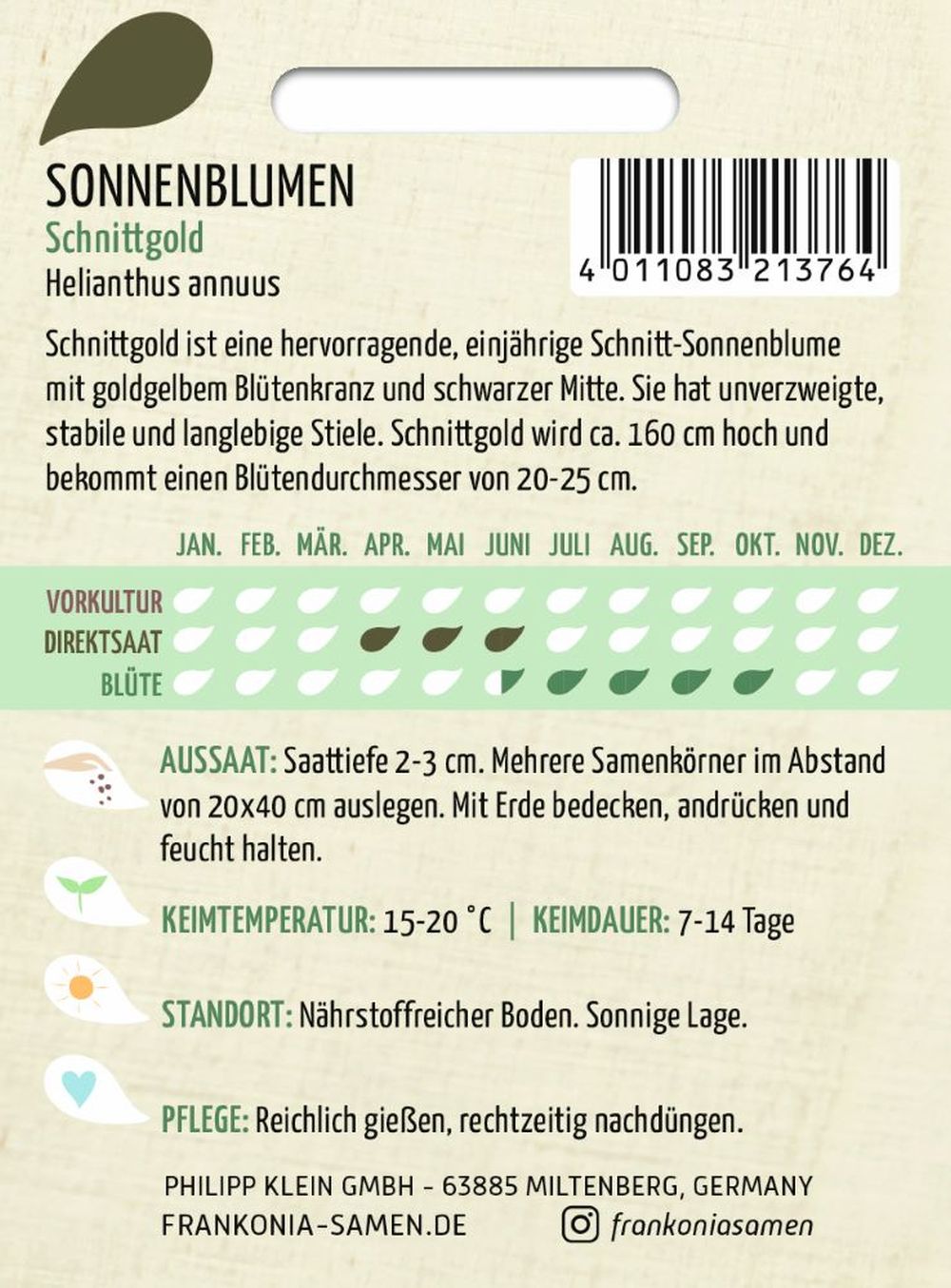 Rückseite der Verpackung des Saatgutes Sonnenblume, Schnittgold der Firma Frankonia Samen von ihrgartenberater.de