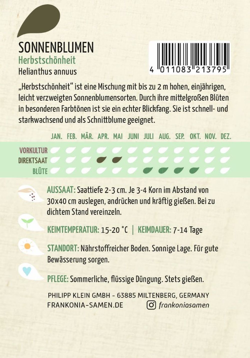 Rückseite der Verpackung des Saatgutes Sonnenblume, Herbstschönheit der Firma Frankonia Samen von ihrgartenberater.de