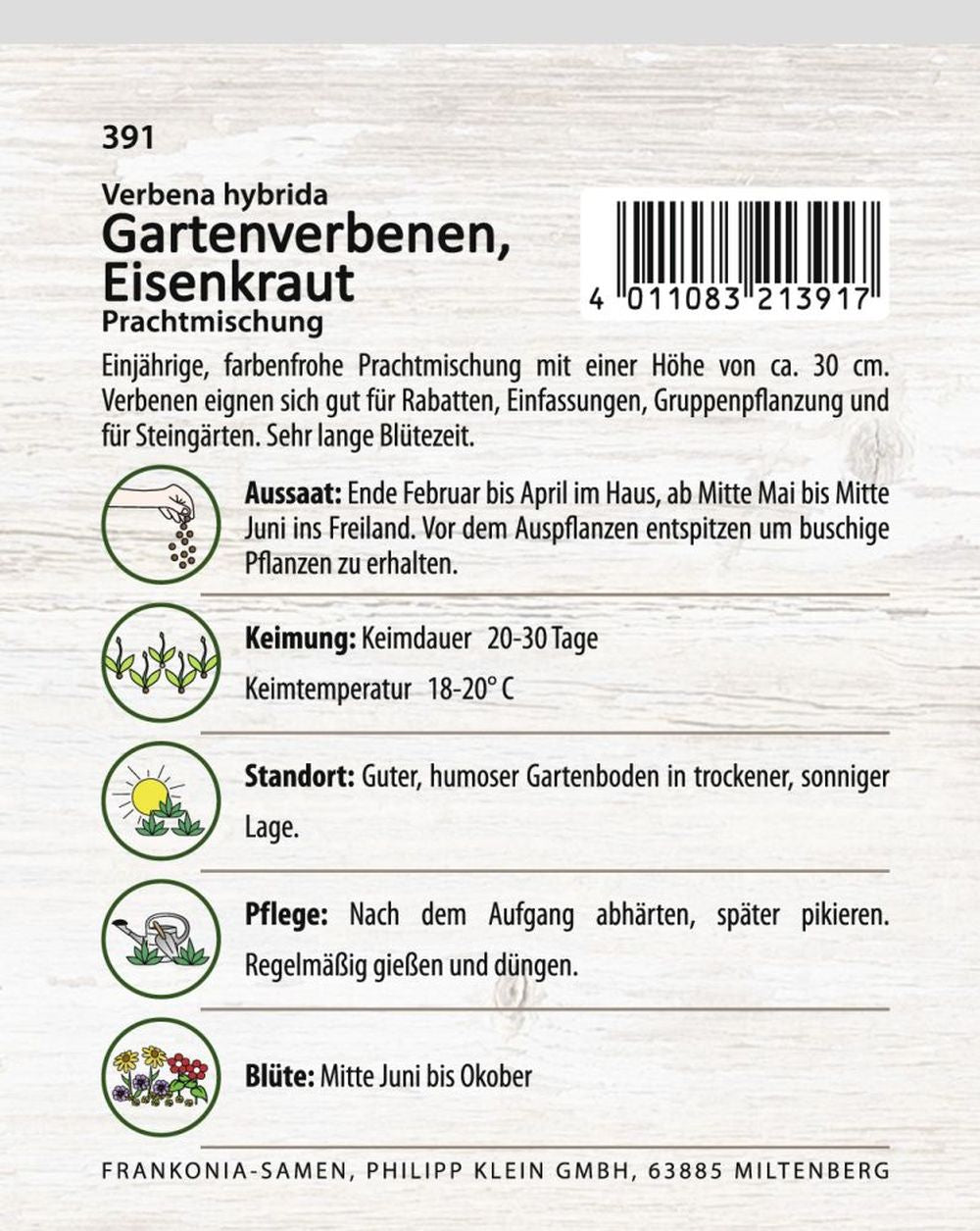 Rückseite der Verpackung des Saatgutes Eisenkraut (Verbena), Prachtmischung der Firma Frankonia Samen von ihrgartenberater.de