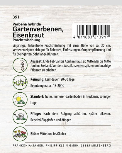 Rückseite der Verpackung des Saatgutes Eisenkraut (Verbena), Prachtmischung der Firma Frankonia Samen von ihrgartenberater.de