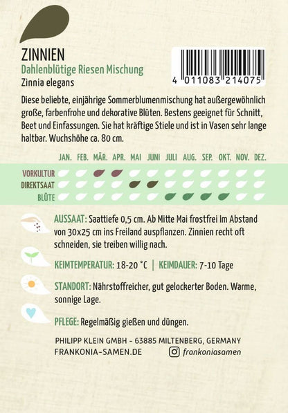 Rückseite der Verpackung des Saatgutes Zinnie, Dahlienblütige Riesen Mischung der Firma Frankonia Samen von ihrgartenberater.de