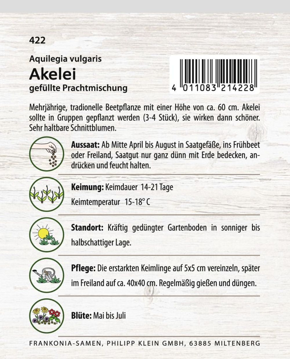 Rückseite der Verpackung des Saatgutes Akelei (Aquilegia),  gefüllte Mischung der Firma Frankonia Samen von ihrgartenberater.de