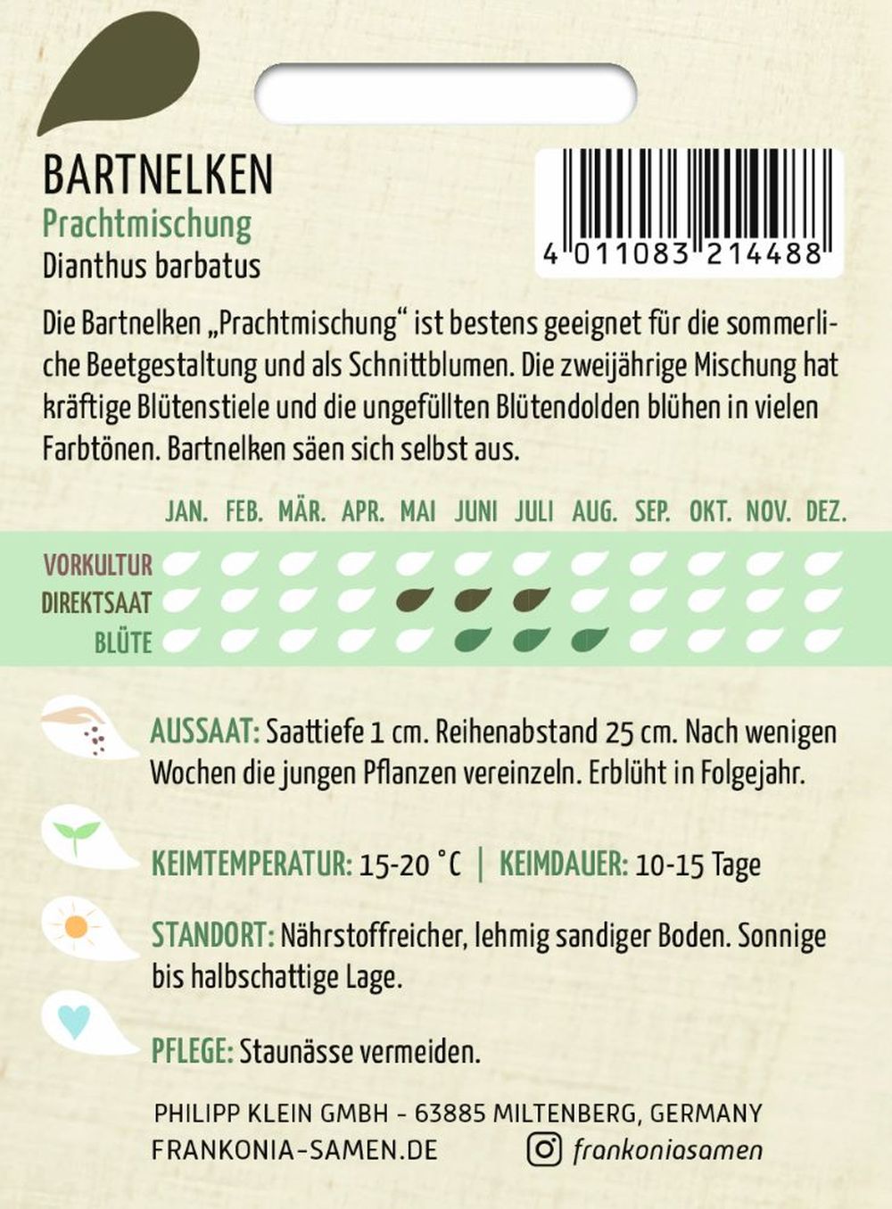 Rückseite der Verpackung des Saatgutes Bartnelken, Prachtmischung der Firma Frankonia Samen von ihrgartenberater.de