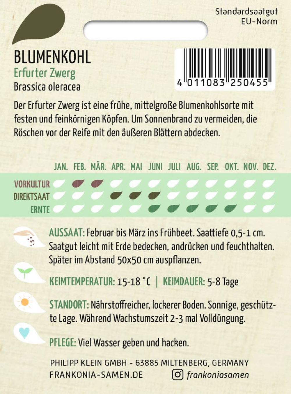 Rückseite der Verpackung des Saatgutes Blumenkohl, Erfurter Zwerg der Firma Frankonia Samen von ihrgartenberater.de