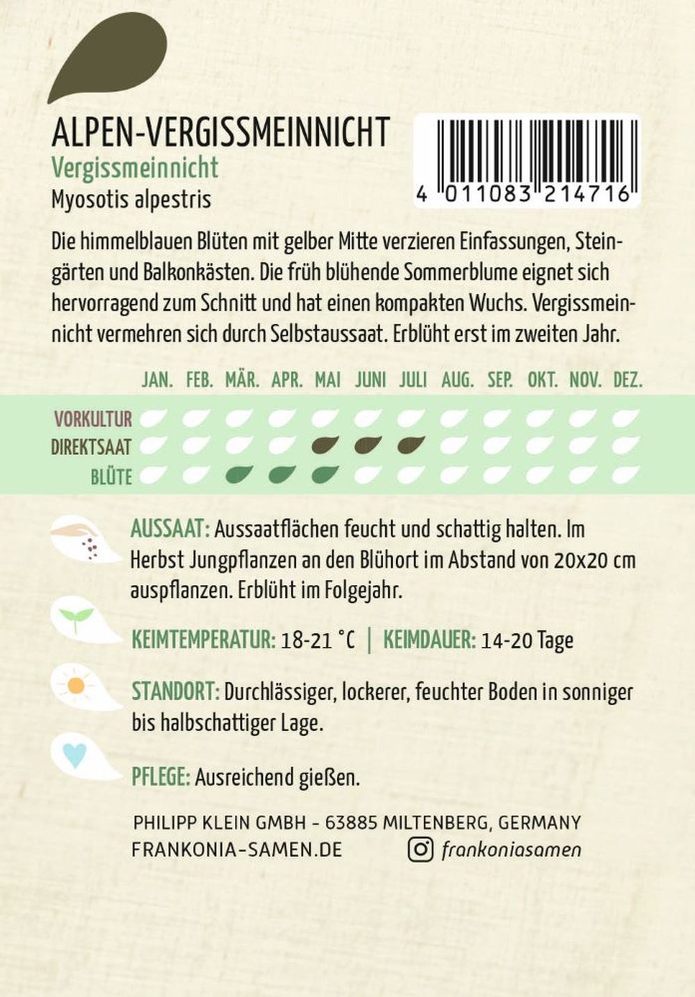 Rückseite der Verpackung des Saatgutes Alpen-Vergissmeinnicht, Vergissmeinnicht der Firma Frankonia Samen von ihrgartenberater.de