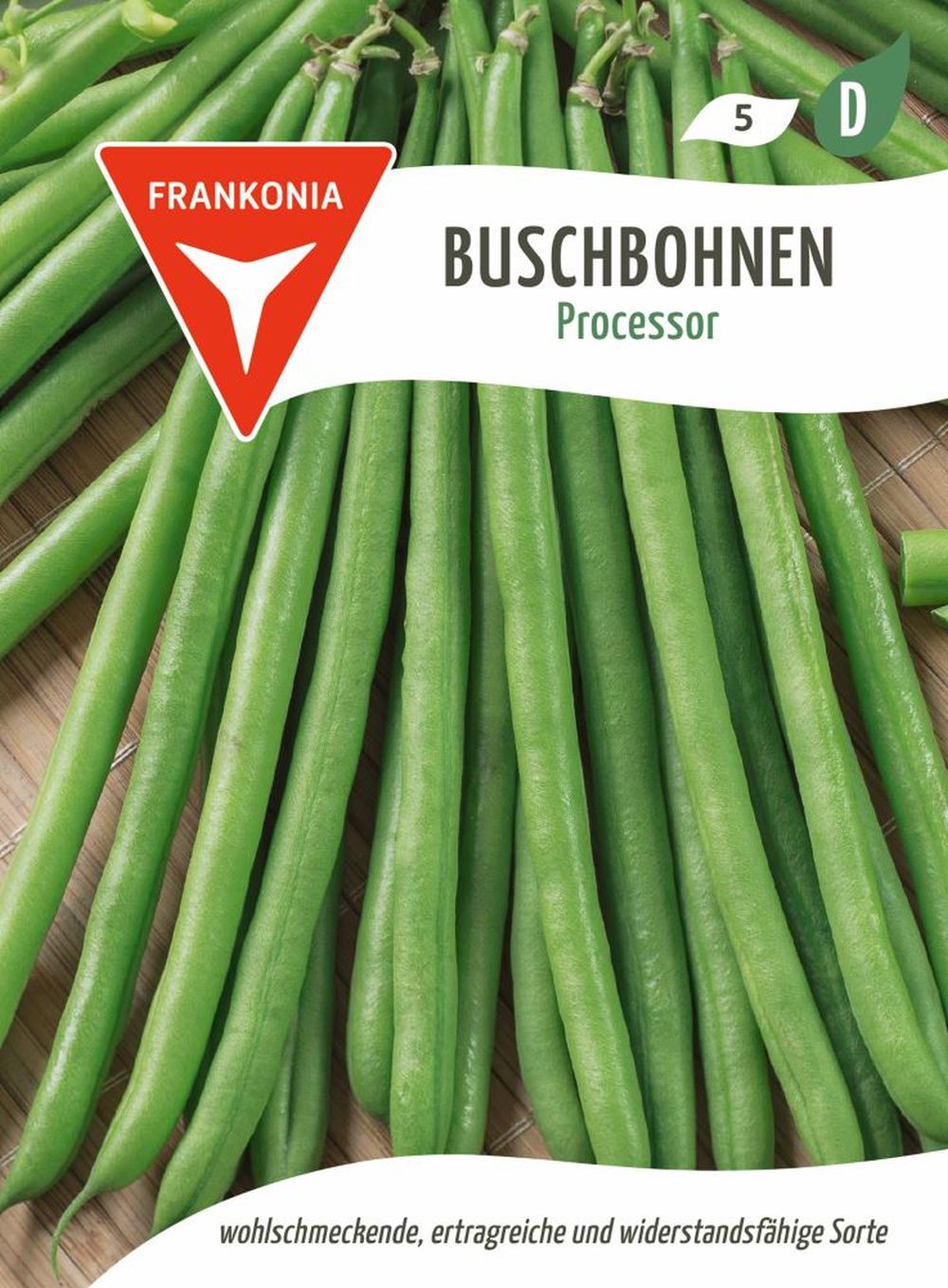 Vorderseite der Verpackung des Saatgutes Buschbohne, Processor der Firma Frankonia Samen von ihrgartenberater.de