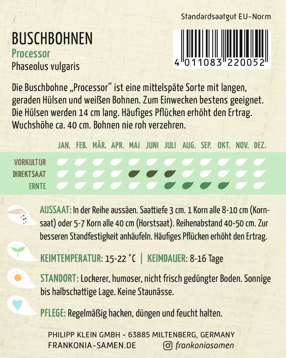 Rückseite der Verpackung des Saatgutes Buschbohne, Processor der Firma Frankonia Samen von ihrgartenberater.de