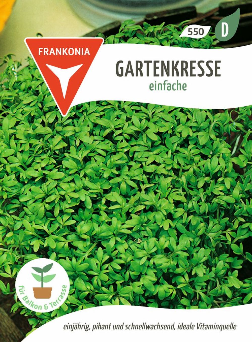 Vorderseite der Verpackung des Saatgutes Gartenkresse Großpackung der Firma Frankonia Samen von ihrgartenberater.de