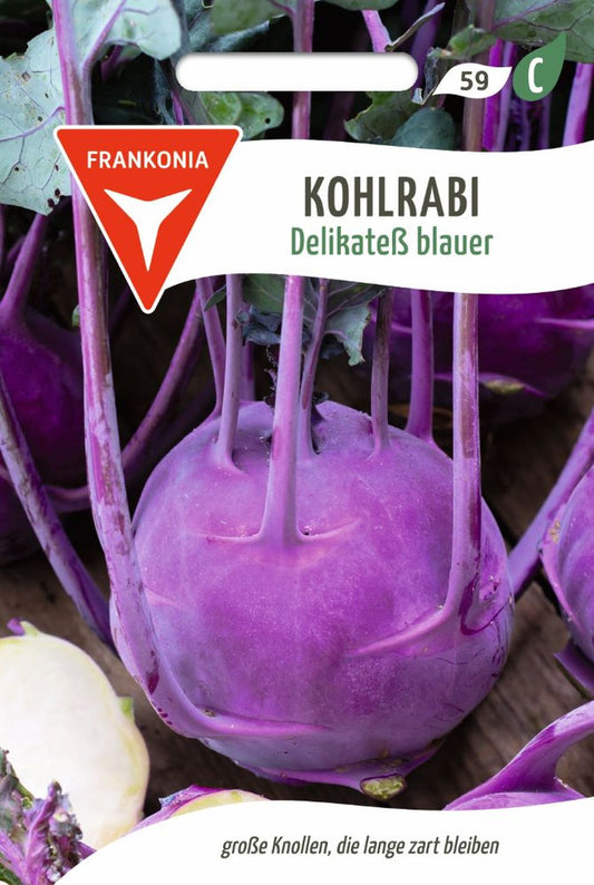 Vorderseite der Verpackung des Saatgutes Kohlrabi, Delikatess blauer der Firma Frankonia Samen von ihrgartenberater.de