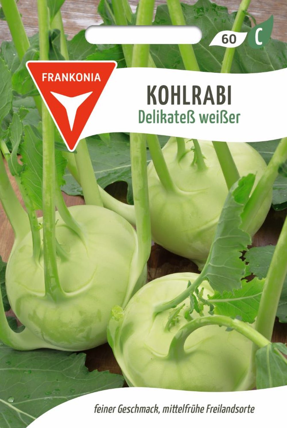 Vorderseite der Verpackung des Saatgutes Kohlrabi, Delikatess weißer der Firma Frankonia Samen von ihrgartenberater.de