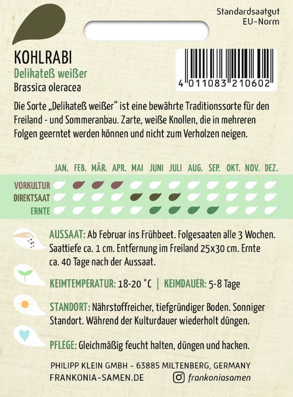 Rückseite der Verpackung des Saatgutes Kohlrabi, Delikatess weißer der Firma Frankonia Samen von ihrgartenberater.de