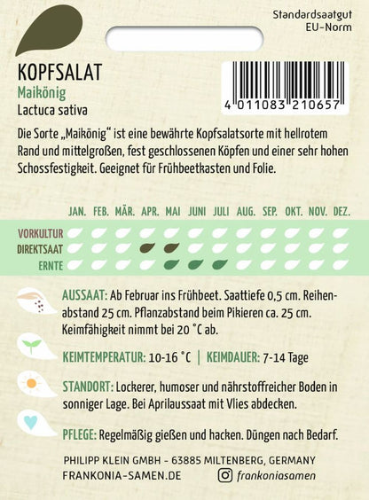 Rückseite der Verpackung des Saatgutes Kopfsalat, Maikönig der Firma Frankonia Samen von ihrgartenberater.de