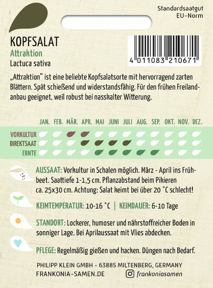 Rückseite der Verpackung des Saatgutes Kopfsalat, Attraktion Kleinpackung der Firma Frankonia Samen von ihrgartenberater.de