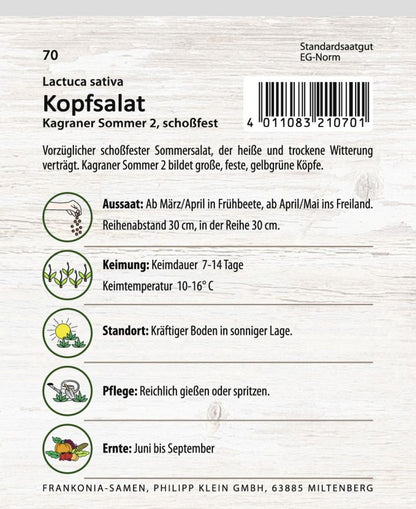 Rückseite der Verpackung des Saatgutes Kopfsalat, Kagraner Sommer 2 der Firma Frankonia Samen von ihrgartenberater.de