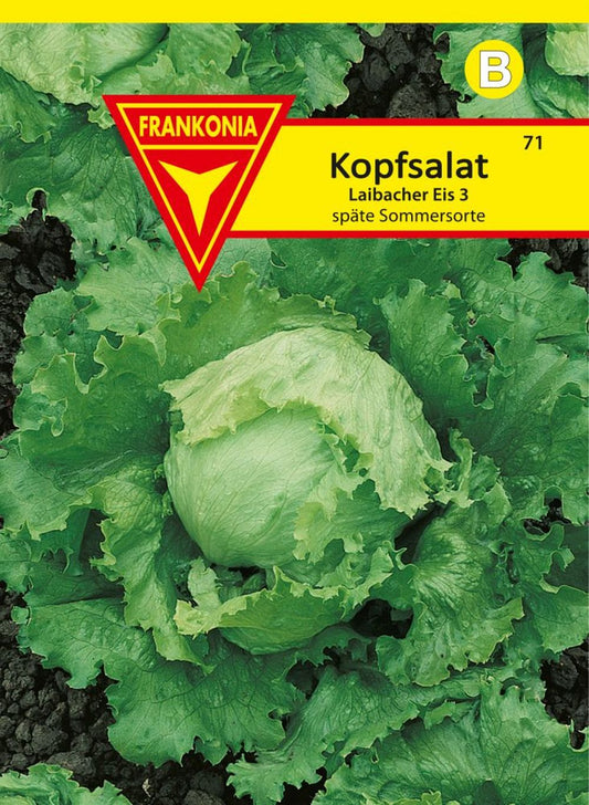 Vorderseite der Verpackung des Saatgutes Eissalat, Laibacher Eis 3 der Firma Frankonia Samen von ihrgartenberater.de