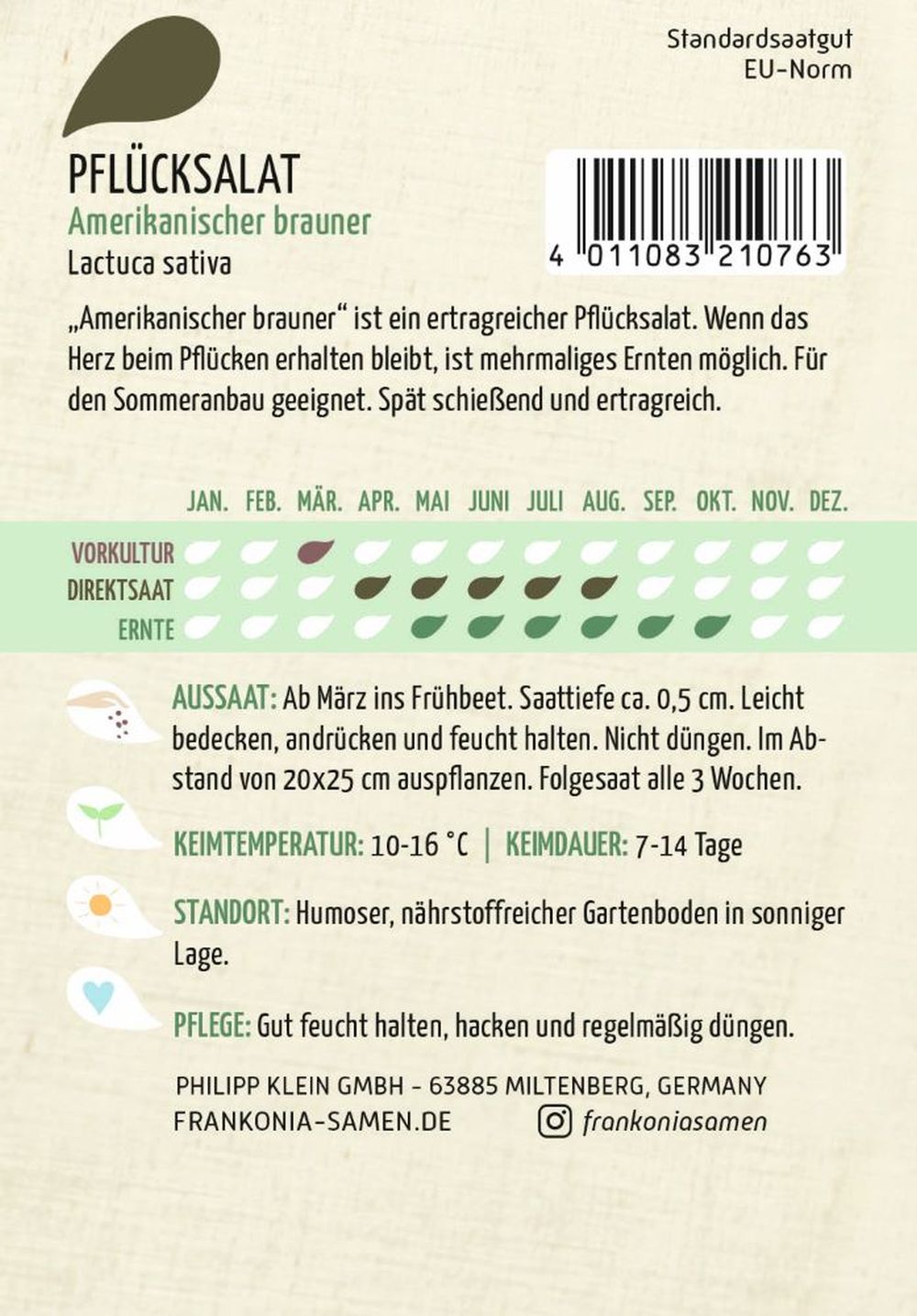 Rückseite der Verpackung des Saatgutes Pflücksalat, Amerikanischer brauner der Firma Frankonia Samen von ihrgartenberater.de