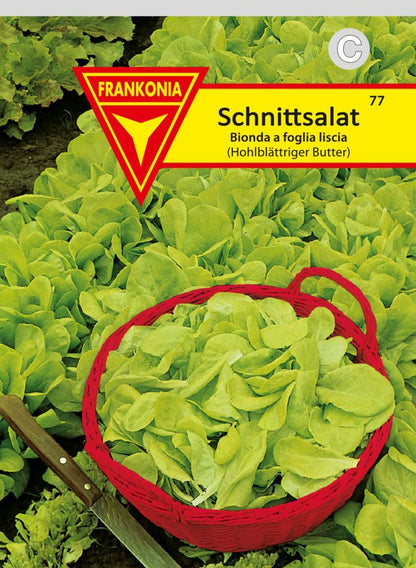 Vorderseite der Verpackung des Saatgutes Schnittsalat, Hohlblättriger Butter der Firma Frankonia Samen von ihrgartenberater.de