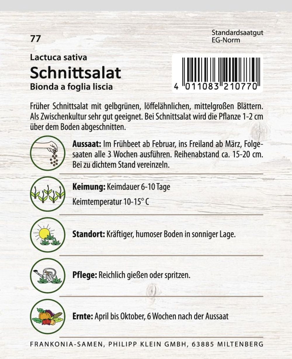 Rückseite der Verpackung des Saatgutes Schnittsalat, Hohlblättriger Butter der Firma Frankonia Samen von ihrgartenberater.de