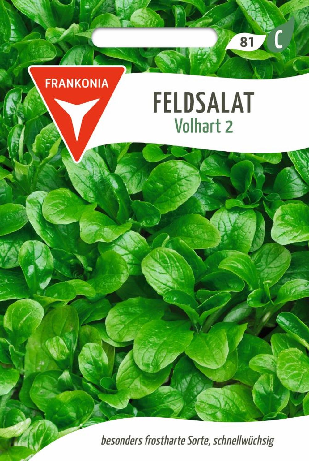 Vorderseite der Verpackung des Saatgutes Feldsalat, Volhart 2 der Firma Frankonia Samen von ihrgartenberater.de