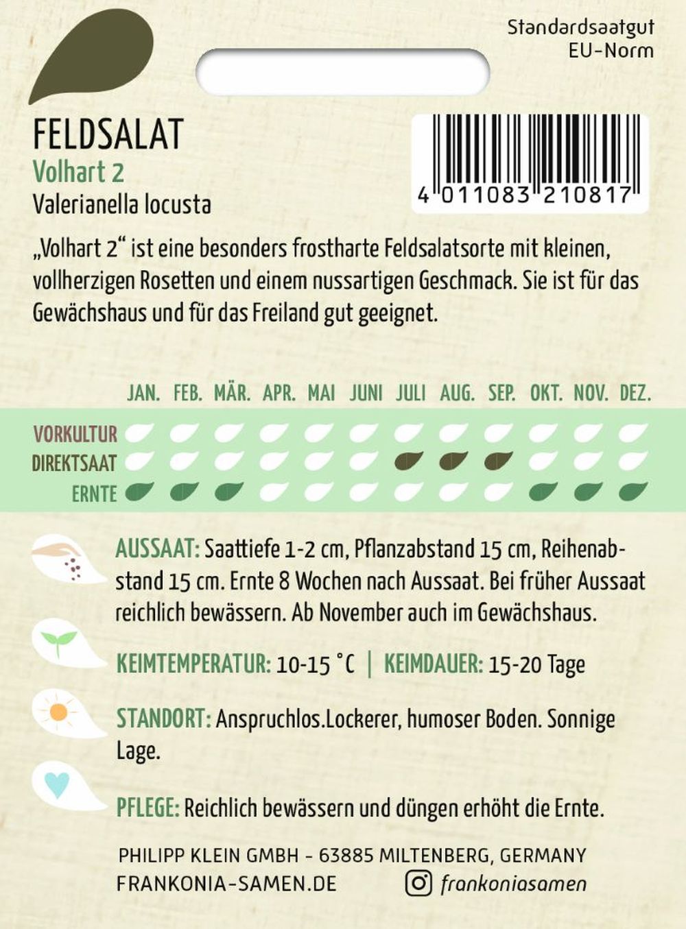 Rückseite der Verpackung des Saatgutes Feldsalat, Volhart 2 der Firma Frankonia Samen von ihrgartenberater.de