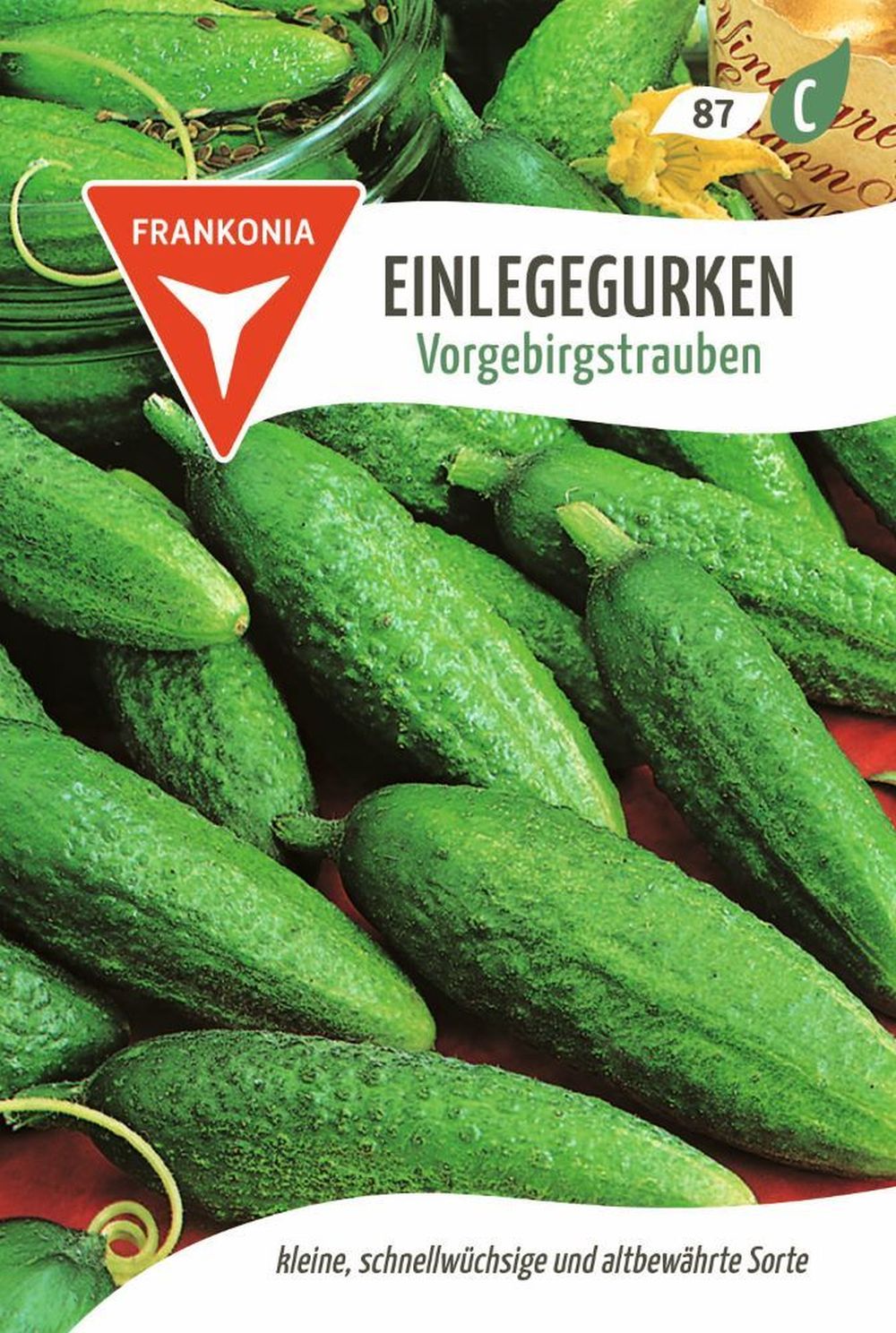 Vorderseite der Verpackung des Saatgutes Einlegegurke, Vorgebirgstrauben der Firma Frankonia Samen von ihrgartenberater.de