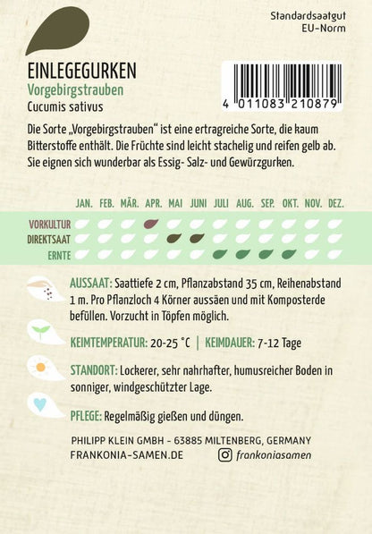 Rückseite der Verpackung des Saatgutes Einlegegurke, Vorgebirgstrauben der Firma Frankonia Samen von ihrgartenberater.de