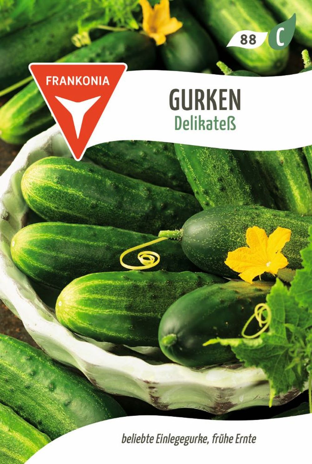 Vorderseite der Verpackung des Saatgutes Gurke, Delikateß der Firma Frankonia Samen von ihrgartenberater.de