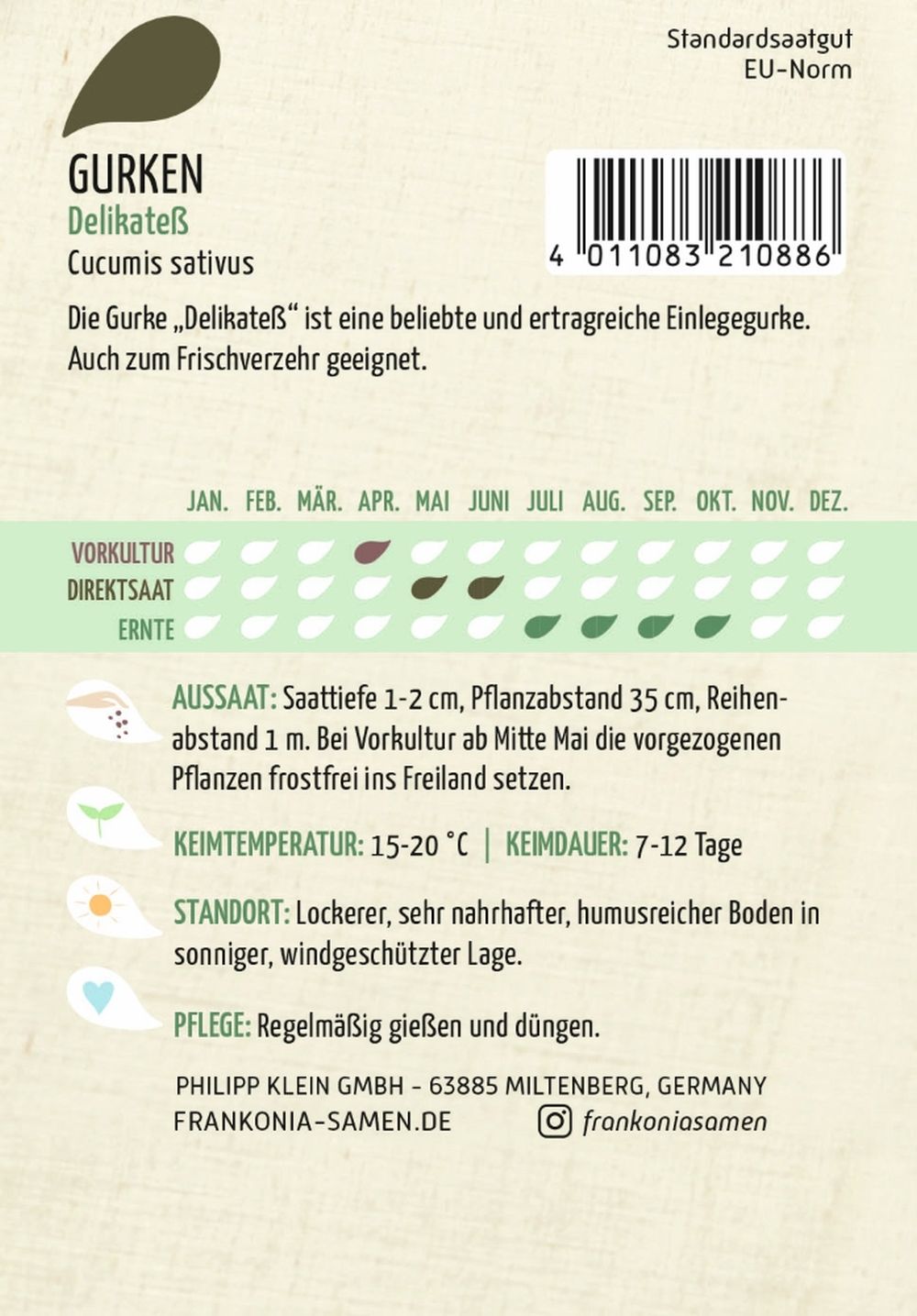 Rückseite der Verpackung des Saatgutes Gurke, Delikateß der Firma Frankonia Samen von ihrgartenberater.de