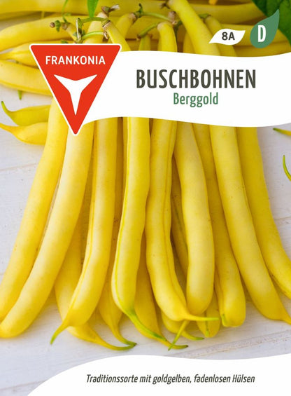 Vorderseite der Verpackung des Saatgutes Buschbohne, Berggold der Firma Frankonia Samen von ihrgartenberater.de