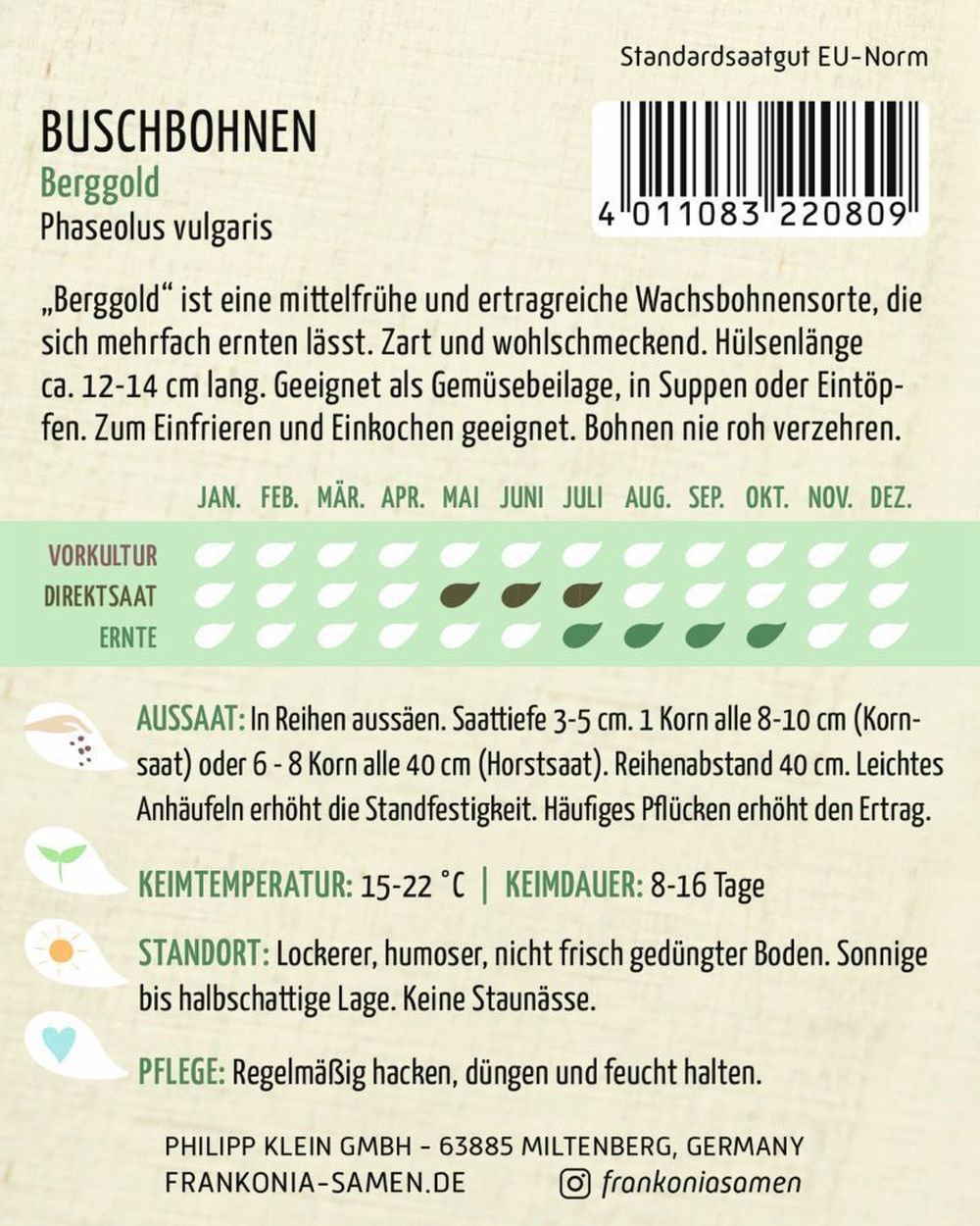 Rückseite der Verpackung des Saatgutes Buschbohne, Berggold der Firma Frankonia Samen von ihrgartenberater.de