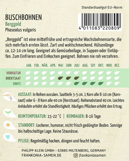 Rückseite der Verpackung des Saatgutes Buschbohne, Berggold der Firma Frankonia Samen von ihrgartenberater.de